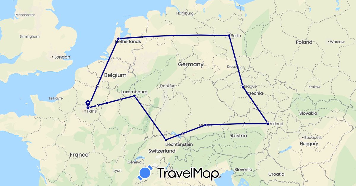 TravelMap itinerary: driving in Austria, Switzerland, Czech Republic, Germany, France, Luxembourg, Netherlands (Europe)